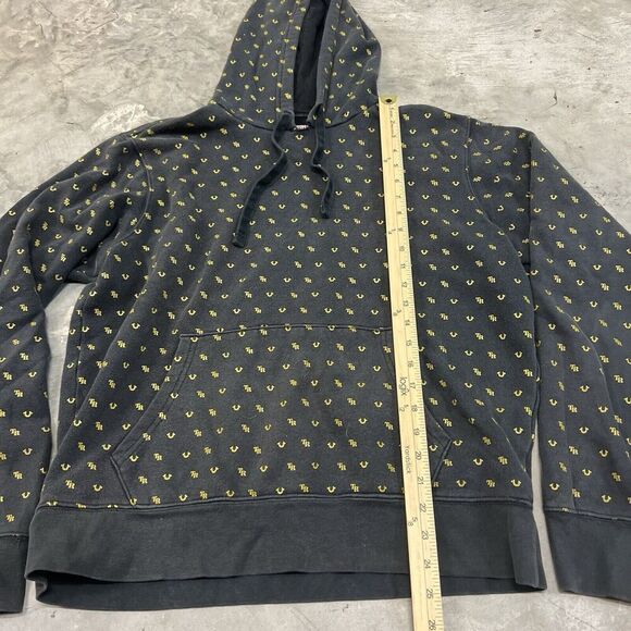 True Religion Mens Large Black Hoodie Sweater All Over Logo Print Pullover READ - Picture 6 of 7